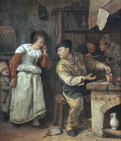 公証人の存在下で女性のジュエリーを溶かす金細工師 作： Jan Havickszoon Steen